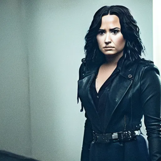 Image similar to close-up of Demi Lovato as a detective in a movie directed by Christopher Nolan, movie still frame, promotional image, imax 70 mm footage