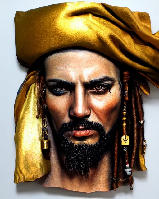 Image similar to realistic portrait of a pirate, dark, gold ornaments, facing camera, photo realistic, detailed, 1 4 5 0, delicate, hyper realism, ultra realistic, 8 k