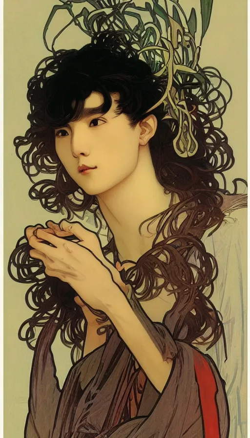 Prompt: portrait of cai xukun by alphonse mucha, james jean, manuel sanjulian, sharp focus, illustration