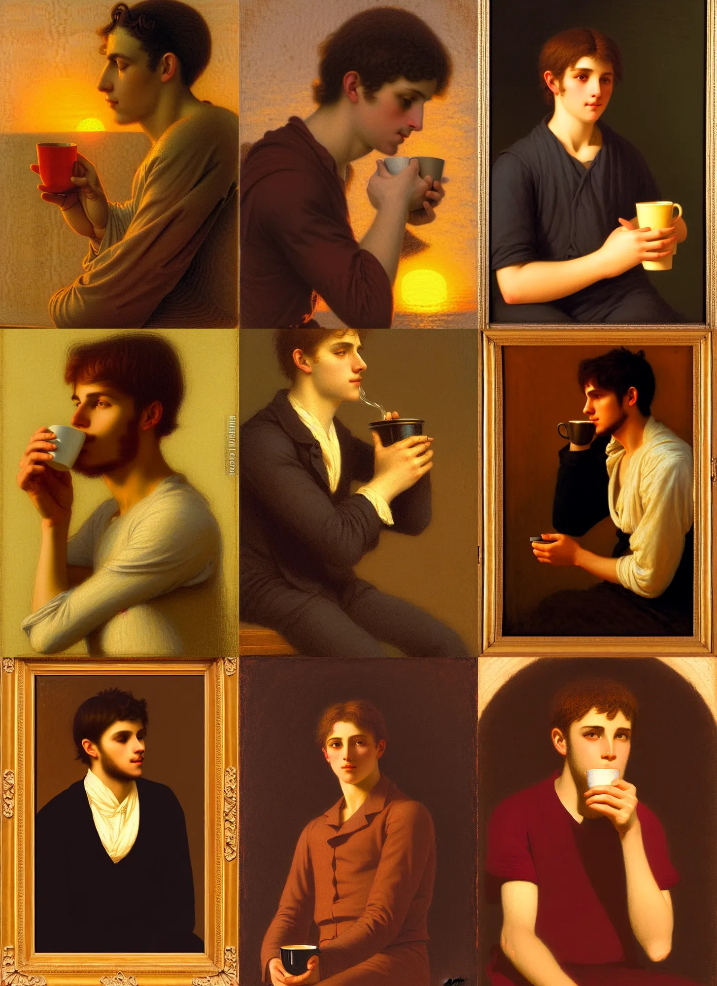 Prompt: portrait of a young man drinking coffee, sunset, soft lighting, illustrated by jules joseph lefebvre and jean baptiste debret