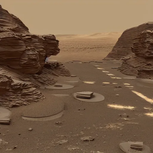 Image similar to a streetscape on mars in the future with many structures, realism