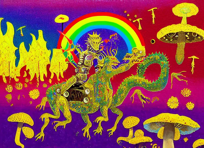 Image similar to pixel decollage painting golden armor alien zombie horseman riding on a crystal bone dragon broken rainbow diamond maggot horse in a blossoming meadow full of colorful mushrooms and golden foil toad blobs in a golden sunset, distant forest horizon, painted by Mark Rothko, Helen Frankenthaler, Danny Fox and Hilma af Klint, pixelated, neo expressionism, semi naive, pastel colors, cinematic, color field painting, cave painting, voxel, pop art look, outsider art, minimalistic. Bill Traylor painting, part by Philip Guston and Francis Bacon. art by Adrian Ghenie, very coherent symmetrical artwork, cinematic, hyper realism, high detail, octane render, unreal engine, Smooth gradients, depth of field, full body character drawing, extremely detailed, 8k, extreme detail, intricate detail, masterpiece