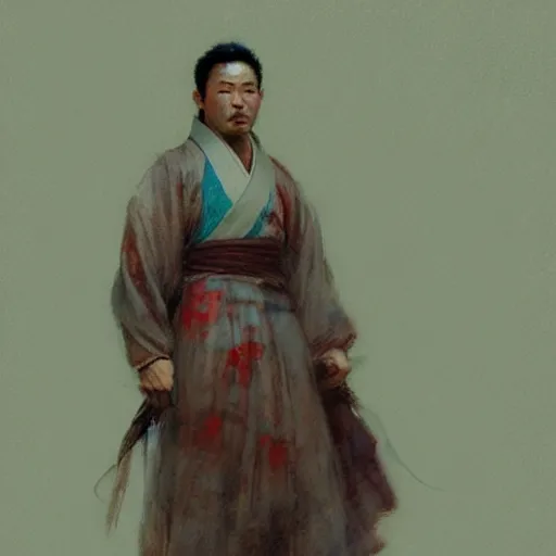 Image similar to a man wearing hanfu, muscular, detailed face, correct face, painting by Gaston Bussiere, Craig Mullins