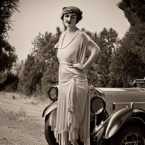 Prompt: a vintage 1 9 2 0 s photorealistic portrait, a beautiful seductive mafia moll poses on the side of a rural road in a mediterranean environment. she is dressed in a 1 9 2 0's style knee - length gown, patterned scarf, silk stockings, and pumps. cinematic lighting, 8 k, a classic vintage porsche is parked in the background