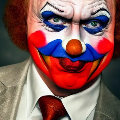 Image similar to UHD candid photo of Vladimir Putin dressed as a clown, wearing accurate clown makeup, accurate face, UHD, photorealistic, correct face, photo by Annie Leibowitz