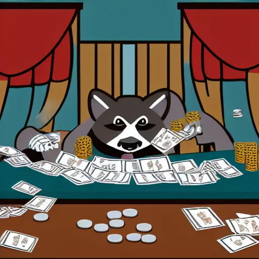 Image similar to illustration of gangster raccoons in smokings, playing poker, dollars, and pistolet on the table