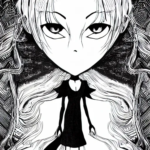 Prompt: intricate lineart drawing of a girl in black dresss standing in the abyss, black ink, manga style, with evil eyes and distorted hands in the background, featured on pixiv, sharp lines, high resolution