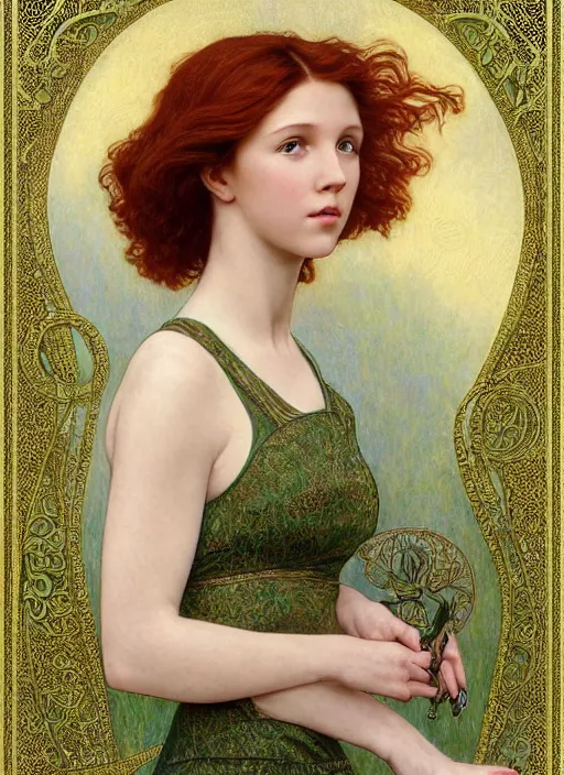Prompt: intricate art nouveau portrait oil painting of redheaded young millie bobby brown with long hair blowing in the wind, wearing an intricate green lace dress, highly detailed, intricate golden symmetric pattern background, elegant, digital painting, smooth, sharp focus, illustration, ultra realistic, 8 k, by bouguereau, alphonse mucha, artgerm, and donato giancola