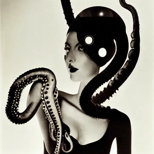 Prompt: A portrait of a beautiful cyberpunk girl with octopus, by Man Ray and Helmut Newton, fine art