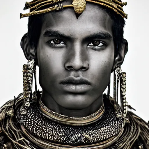 Prompt: a portrait of a beautiful young tribal male wearing an alexander mcqueen armor , photographed by andrew thomas huang, artistic