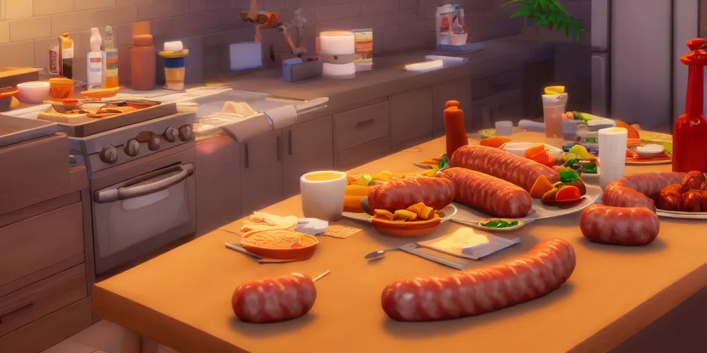 Image similar to sausage party inside sims 4. Octane render, 4k, 8k, unreal 5, very detailed, hyper realism, trending on artstation.