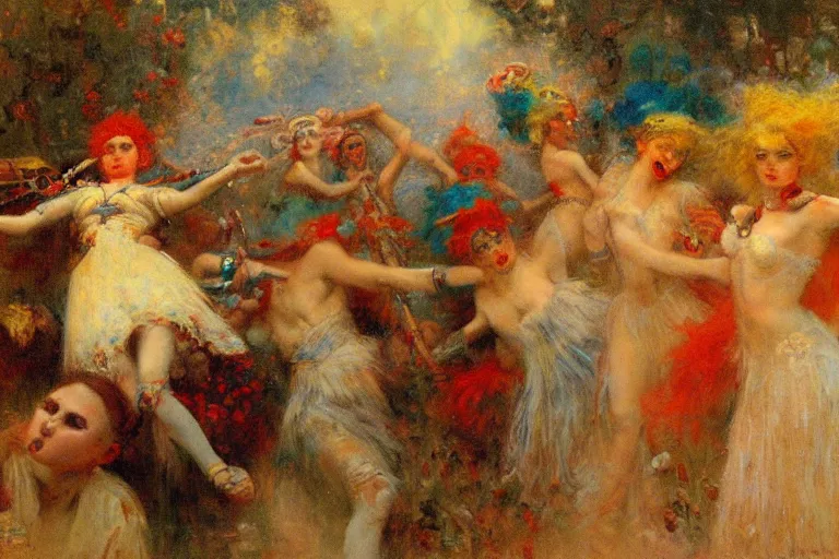 Image similar to war of the clowns. art by gaston bussiere.