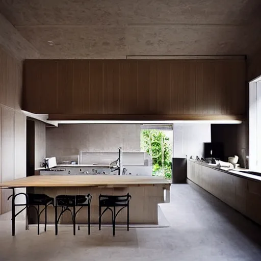 Image similar to “extravagant luxury modern kitchen, interior design, Japanese and Scandinavian and New Zealand influences, natural materials, by Tadao Ando and Koichi Takada”