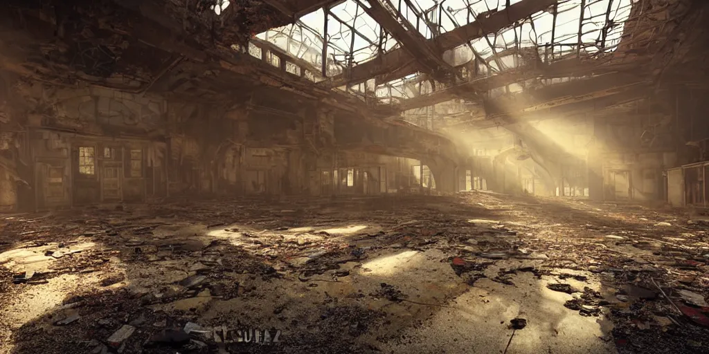 Image similar to fallout 5, indoors dilapidated partially ruined factory interior, rusted machinery, atmospheric lighting, painted, intricate, volumetric lighting, beautiful, daytime, sunny weather, slight overcast, golden hour, sharp focus, deep colours, ultra detailed, by leesha hannigan, ross tran, thierry doizon, kai carpenter, ignacio fernandez rios