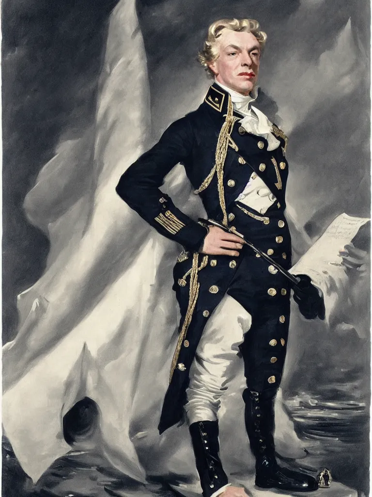 Prompt: Monroe as a ship captain in the age of sail Ship Sea Water Sail Cannon Military Uniform Diamonds Regal In the style of john singer sargent
