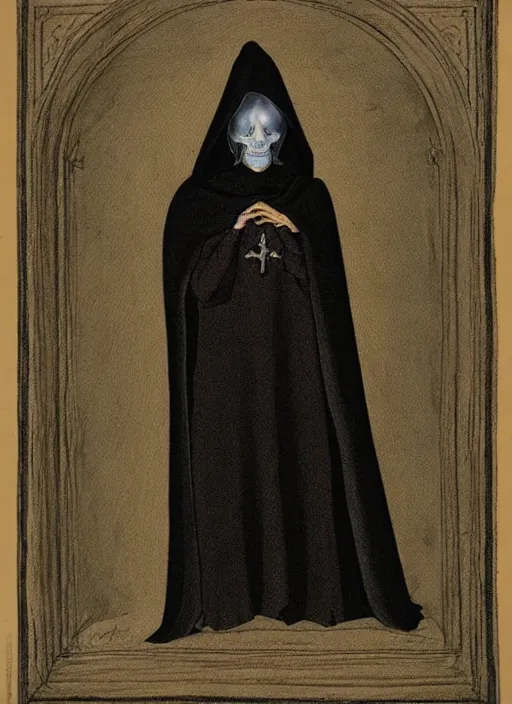 Image similar to fineart illustration of the necromancer, wearing a black cloak, crisp