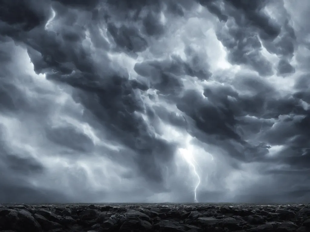 Image similar to dark super storm shot from the ground, hyper realistic clouds that resemble levitating large rocks. impressive, magical, very atmospheric, fog, cinematic, deep, very high complexity, stunning, dramatic masterpiece, iridescent, chiaroscuro, romantism, very detailed. 4 k