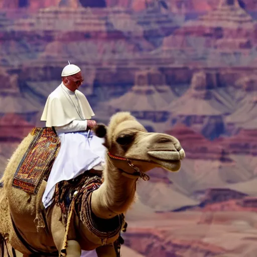 Prompt: A photo of the Pope riding a camel at the grand canyon 85mm lens, f1.8.