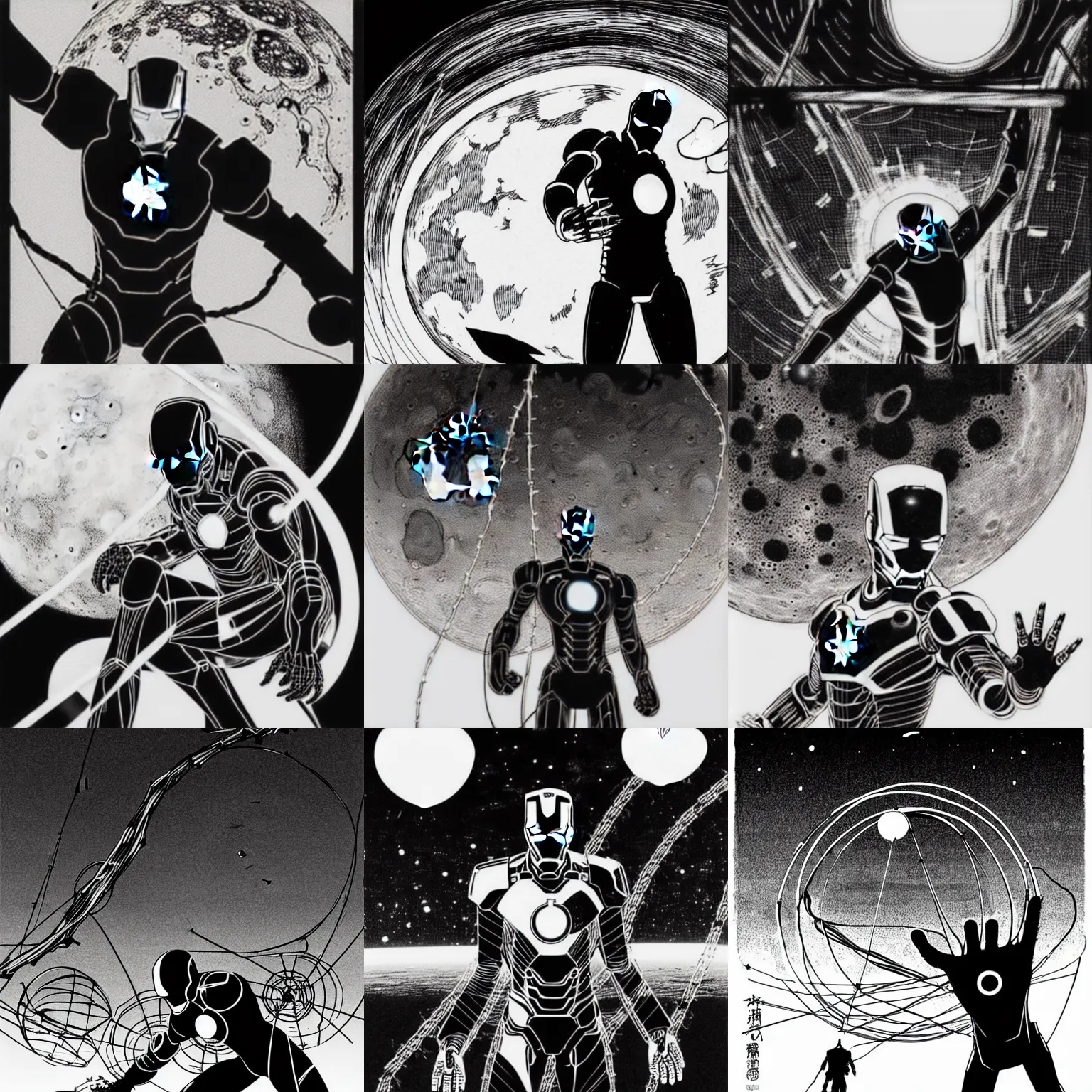 Prompt: black and white sad iron man with wires eats apple on hands on the destroed moon, wires earth background, by tsutomu nihei