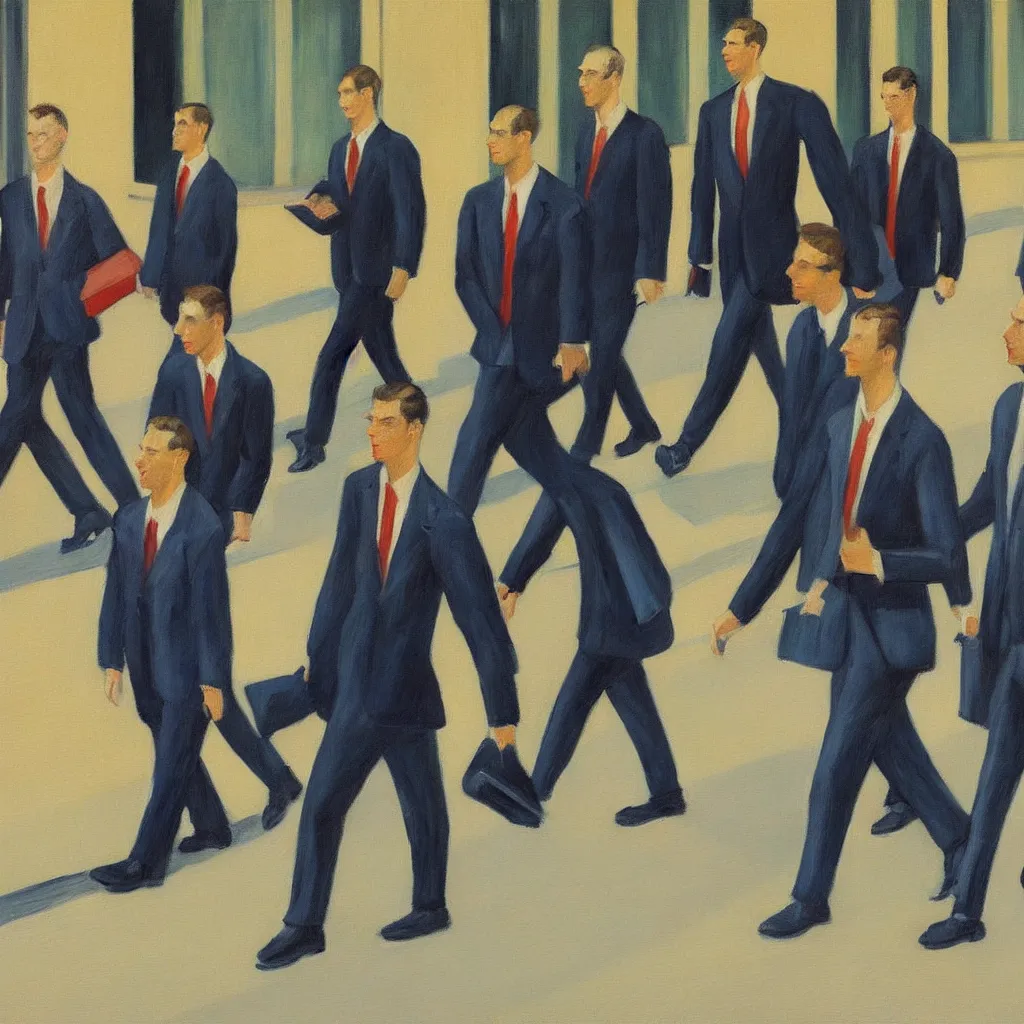 Prompt: painting of a group of men in business suits, marching to their offices, in the style of edward hopper