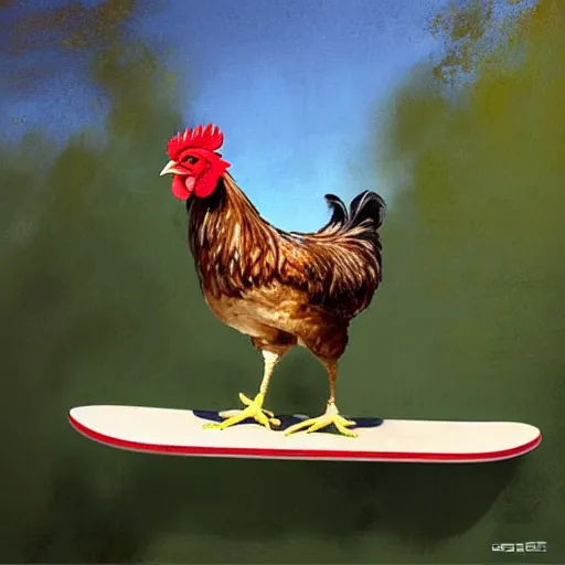 Image similar to a chicken riding a skateboard in california los angeles by greg rutkowski