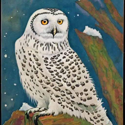 Prompt: snowy owl crossed with a snow leopard to make a gryphon, Louis William Wain watercolor,