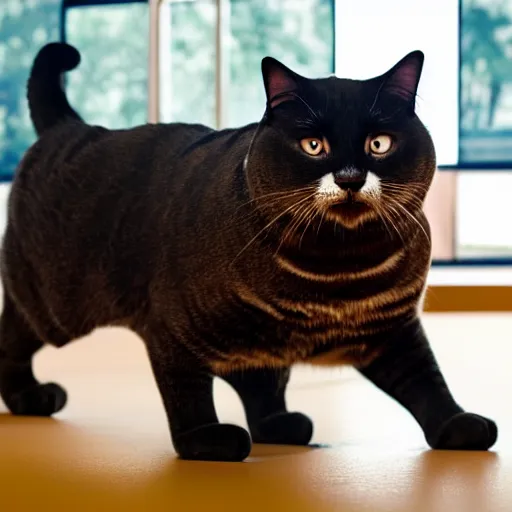 Image similar to a very fat cat doing exercises at the gym, photorealistic, hd