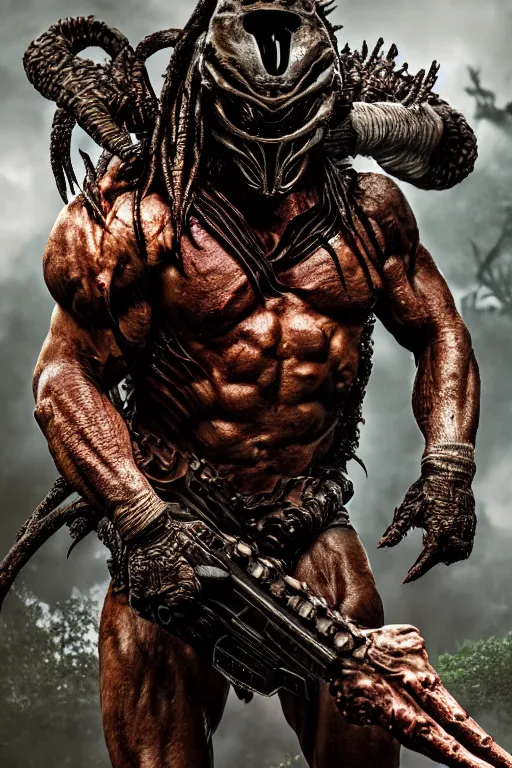 Image similar to full body pose, hyperrealistic photograph cover of predator, dim volumetric lighting, 8 k, octane beautifully detailed render, extremely hyper detailed, intricate, epic composition, cinematic lighting, masterpiece, trending on artstation, very very detailed, stunning, hdr, smooth, sharp focus, high resolution, award, winning photo, dslr, 5 0 mm