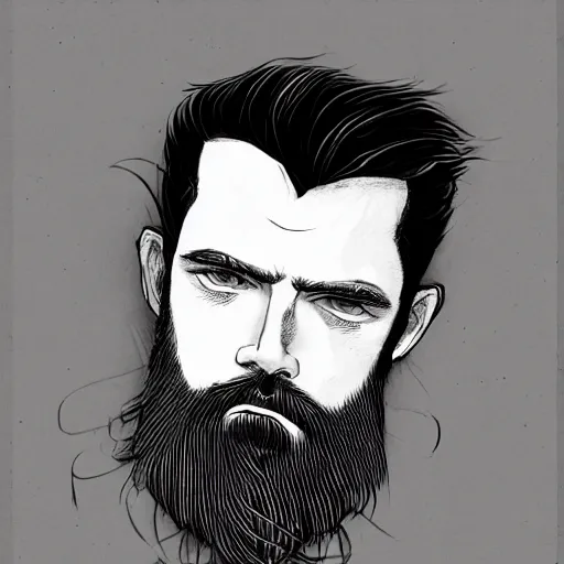 Image similar to very high angle view, very attractive man with beard, highly detailed full body, strong masculine features, 3/4 front view, slim, command presence, royalty, weathered face, smooth, sharp focus, organic, appealing, book cover, deep shadows, by Dave McKean sketch lineart for character design