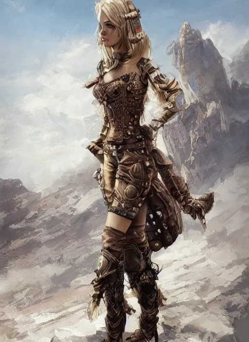 Image similar to highly detailed steampunk armor on a blond who is standing on a rock : greg rutkowski