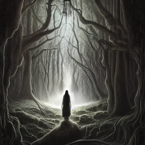 Image similar to the legend of boggey creek meets dracula and the curse of f la llorona alex grey in yggdrasil, white, night, 4 k, ultrarealistic by john stephens in high resolution another day of life