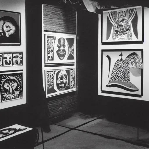 Image similar to A black and white screen print of gallery exhibition view from the 60s, anthropology, colonial, wild, exotic, masks, ethnography, screen printing