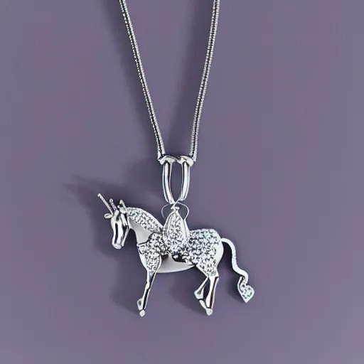 Image similar to a lovely cute silver cartoon unicorn necklace pendant, 3 d rendering, pandora style, tiffany style, swarovski style, van cleef & arpels style, cartier style, boucheron style, bulgari style, chaumet style, elegant, noble, stylish