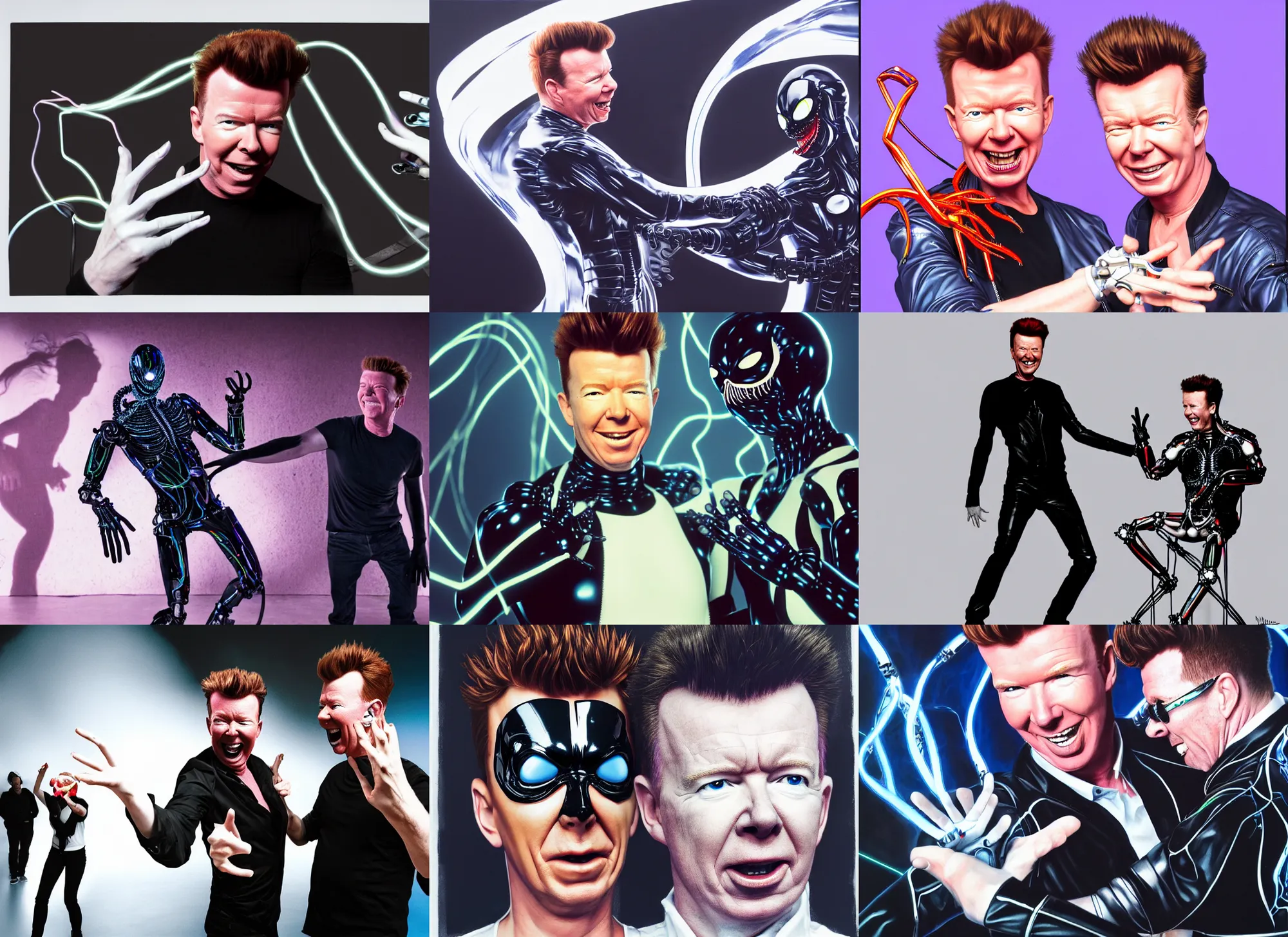 Prompt: cybernetic venom dancing with rick astley, hyperrealism, 8 k