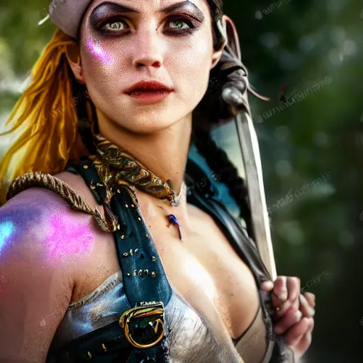Image similar to a Swashbuckling pirate female with iridescent skin, bokeh, 8k