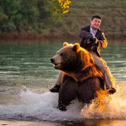 Prompt: high quality photograph of volodimir zelenski riding a bear across a river, golden hour