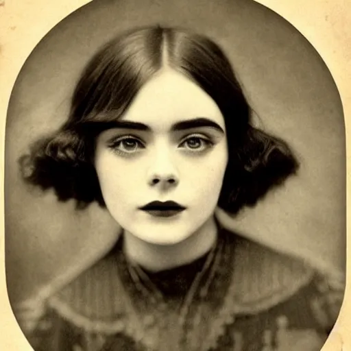 Prompt: headshot edwardian photograph of elle fanning, lily collins, barbara palvin, 1 9 2 0 s film actress, realistic face, 1 9 1 0 s, grainy, victorian, detailed, soft blur