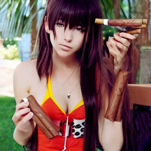 Prompt: anime girl smoking multiple cigars at the same time