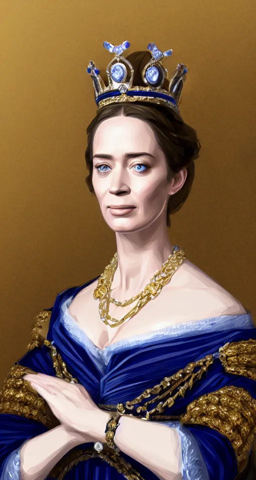 Image similar to portrait of emily blunt as queen victoria, jewelry, greek, sapphire, victorian age, 1 8 9 0, intricate, headshot, key visual, conceptart, ambient lighting, highly detailed, digital painting, artstation, concept art, sharp focus, by makoto shinkai and akihiko yoshida and greg manchess