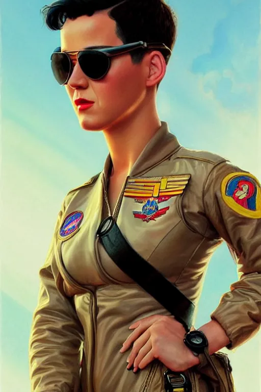 Image similar to katy perry in the movie top gun, realistic portrait, symmetrical, highly detailed, digital painting, artstation, concept art, smooth, sharp focus, illustration, cinematic lighting, art by artgerm and greg rutkowski and alphonse mucha