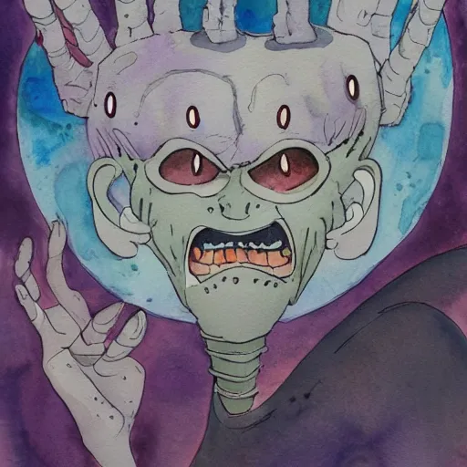 Image similar to whimsical silly watercolor painting of a terrifying demon, in the style of studio ghibli