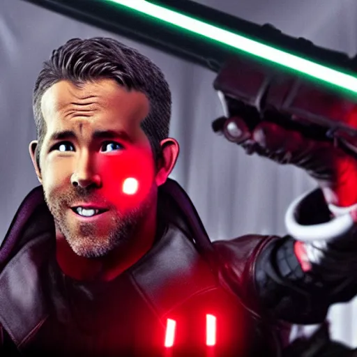 Prompt: ryan reynolds in a wheelchair holding a red lightsaber, good lighting,