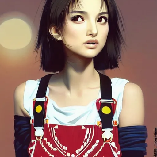 Prompt: a beautiful young japanese natalie portman alluring gravure model, wearing elaborate elegant designer overalls, elegant overalls with mesoamerican patterns, mesoamerican native street fashion, by akira toriyama and wlop and ilya kuvshinov and artgerm and, aesthetic, gorgeous, stunning, alluring, attractive, artstation, deviantart, pinterest, digital art