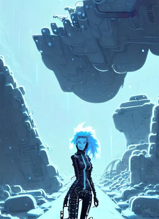 Image similar to highly detailed portrait of wasteland punk long curly white icey shard hair cyber ninja lady, stray wiring by atey ghailan, james gilleard, by joe fenton, by greg rutkowski, by greg tocchini, by kaethe butcher, 4 k resolution, gradient blue, cyan, black and white color scheme!!! ( ( snowy glaciated robotic dystopian city background ) )