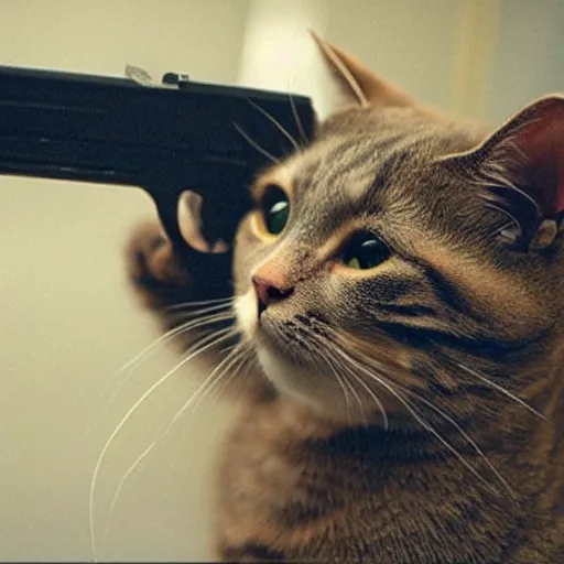 Image similar to “A cat, holding a gun in its paws”