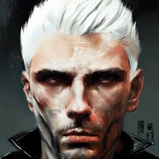 Prompt: Portrait of a man by Greg Rutkowski, he is about 30 years old, mxiture between japanese and russian, white hair, sinister attitude, punchable face, he is wearing a futuristic hitman outfit, highly detailed portrait, scifi, digital painting, artstation, concept art, smooth, sharp foccus ilustration, Artstation HQ