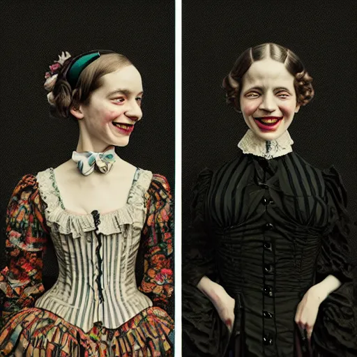 Image similar to creepy smiling twins in victorian clothes, black background, backlit:: by Martine Johanna and Simon Stålenhag and Chie Yoshii and Casey Weldon and Guillermo del toro :: ornate, dynamic, particulate, intricate, elegant, highly detailed, centered, artstation, smooth, sharp focus, octane render, 3d