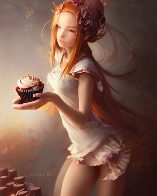 Image similar to a ( ( girl as personification of chocolate cupcake ) ), beauty, fantasy bakery, digital painting by krenz cushart, greg rutkowski, artgerm, laurie greasly, wlop, intricate, highly detailed!!, sharp focus, smooth, epic composition, joyful, unreal engine, masterpiece, 8 k, interesting background