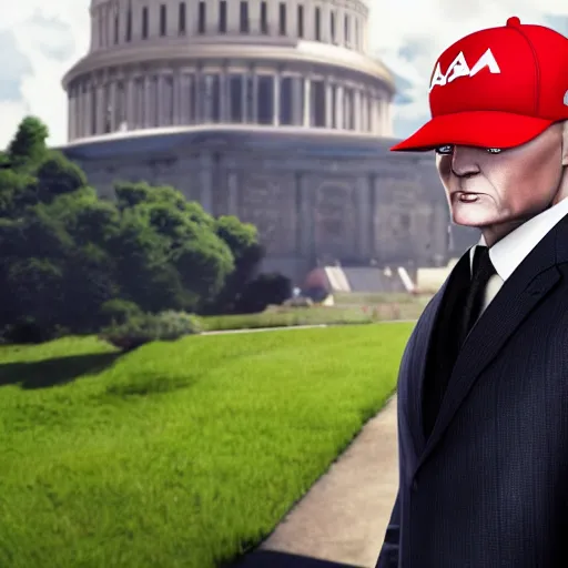 Image similar to agent 4 7 wearing a maga hat