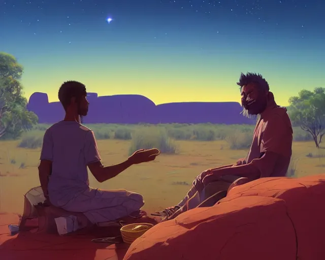 Image similar to man sitting at uluru playing medicine drum at campfire under cosmic night sky, behance hd by jesper ejsing, by rhads, makoto shinkai and lois van baarle, ilya kuvshinov, rossdraws global illumination radiating a glowing aura global illumination ray tracing hdr render in unreal engine 5